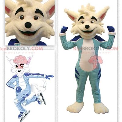 Beige fox REDBROKOLY mascot in skater outfit