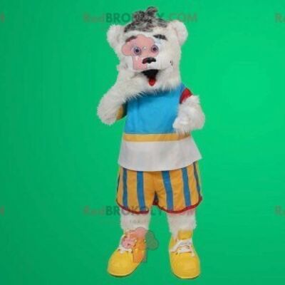 White teddy bear REDBROKOLY mascot in colorful outfit