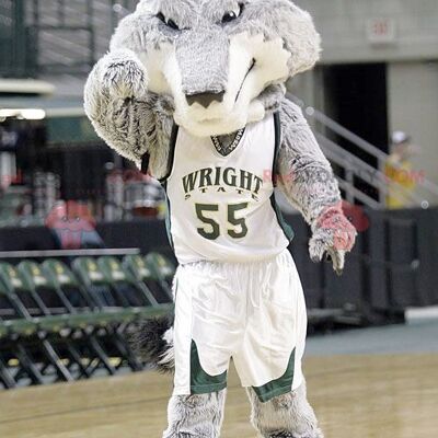 Gray and white wolf REDBROKOLY mascot in basketball outfit