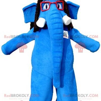 Blue elephant REDBROKOLY mascot with glasses and a colorful hat