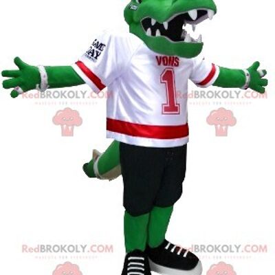 Green crocodile REDBROKOLY mascot in American football gear