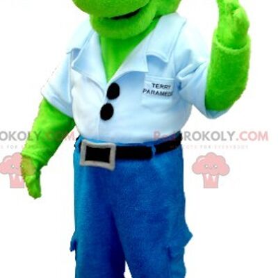 Green dinosaur REDBROKOLY mascot in jeans with a blue shirt