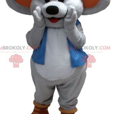 Smiling gray mouse REDBROKOLY mascot with a blue vest