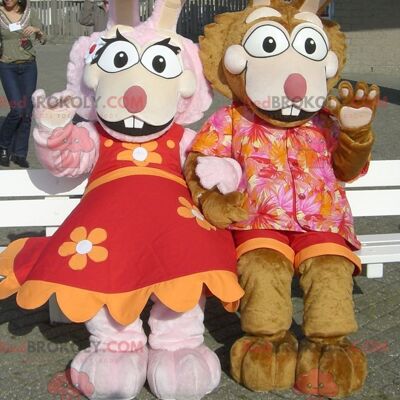 Pink and brown rabbit couple REDBROKOLY mascots