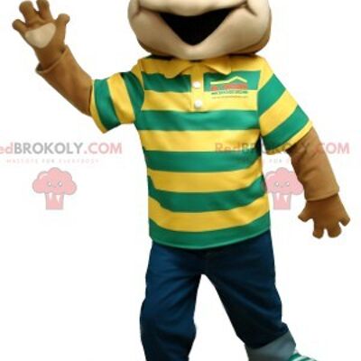 Brown frog REDBROKOLY mascot with a striped polo shirt