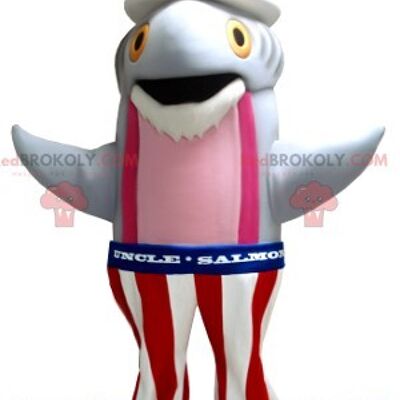 Gray and pink fish salmon REDBROKOLY mascot in American dress
