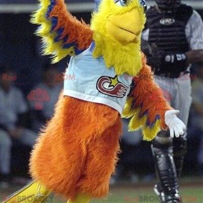 Orange yellow and blue bird REDBROKOLY mascot