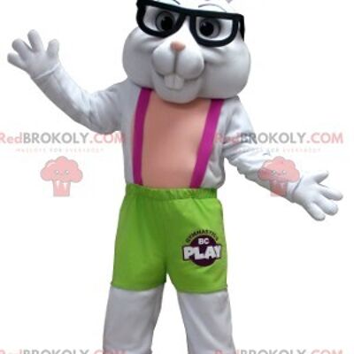 Green and pink white rabbit REDBROKOLY mascot with glasses