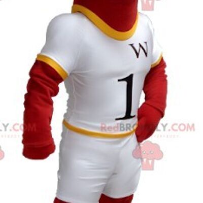 Red and yellow horse REDBROKOLY mascot in white outfit