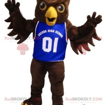 Brown owl REDBROKOLY mascot with a blue jersey