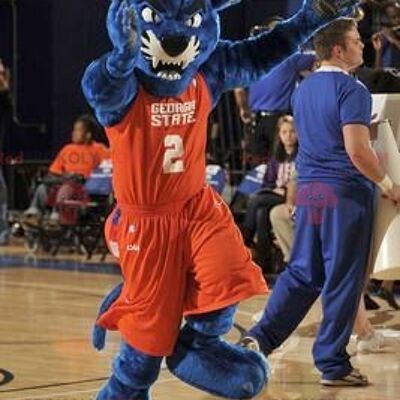 Blue panther REDBROKOLY mascot in orange sportswear