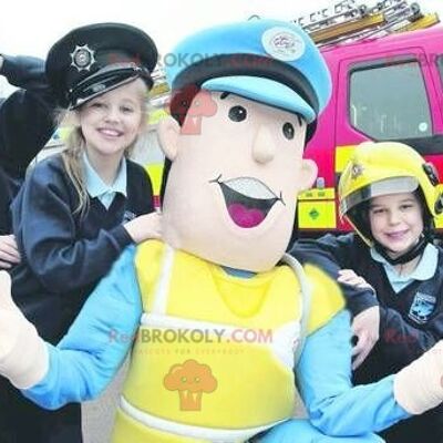 Police officer REDBROKOLY mascot in blue and yellow uniform
