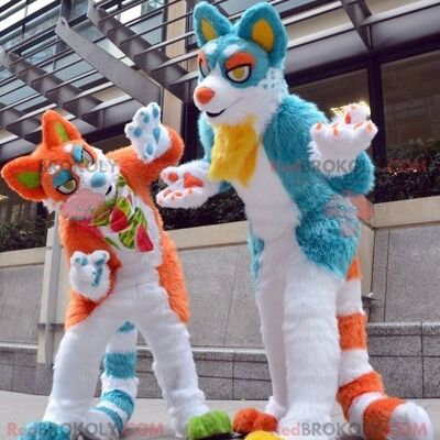 Couple of blue and orange cat REDBROKOLY mascots