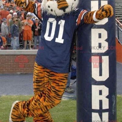 Orange and black tiger REDBROKOLY mascot with a blue jersey