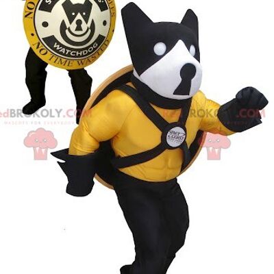 Black yellow and white dog REDBROKOLY mascot with a shield