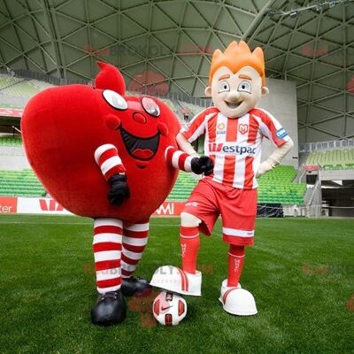 2 REDBROKOLY mascots a giant red heart and a footballer
