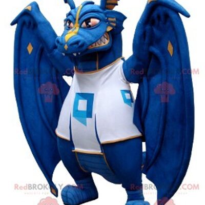 Blue and white dragon REDBROKOLY mascot