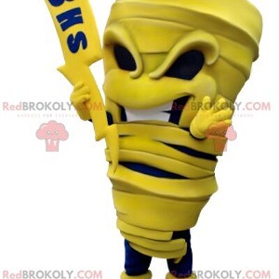 REDBROKOLY mascot yellow and blue mummy with a lightning bolt