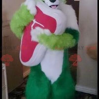 Green and white dog REDBROKOLY mascot all hairy