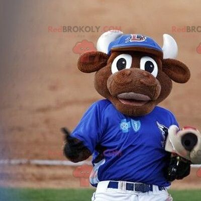 Brown cow REDBROKOLY mascot with white horns