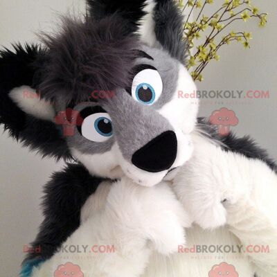 Gray black and blue hairy dog REDBROKOLY mascot