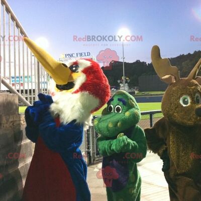 3 REDBROKOLY mascots a bird, a brown reindeer and a green dragon