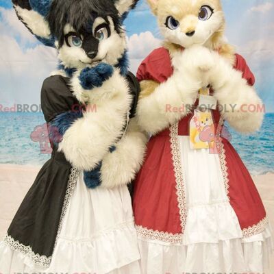 2 furry cats REDBROKOLY mascots in dress