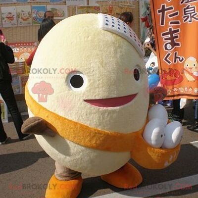 Giant egg REDBROKOLY mascot with a pouch filled with eggs