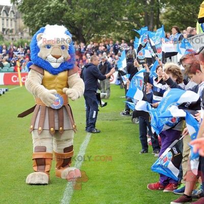 Muscular lion REDBROKOLY mascot dressed as a knight