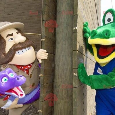 2 REDBROKOLY mascots a green crocodile and an explorer holding a snake