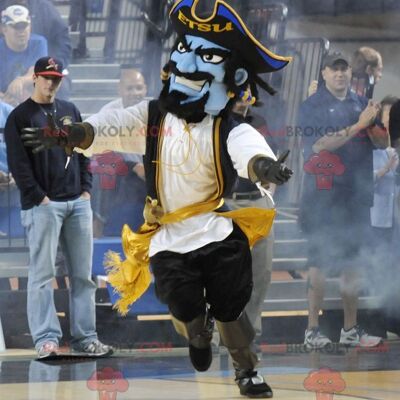 Blue pirate REDBROKOLY mascot in traditional dress