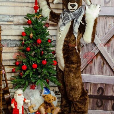 Brown and white Christmas reindeer REDBROKOLY mascot