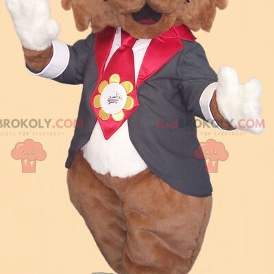Brown cat REDBROKOLY mascot with glasses and a tie suit