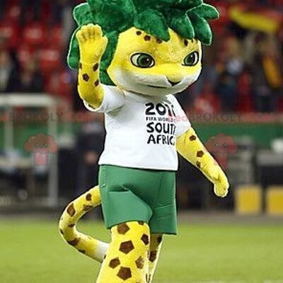 Spotted yellow tiger REDBROKOLY mascot with green hair