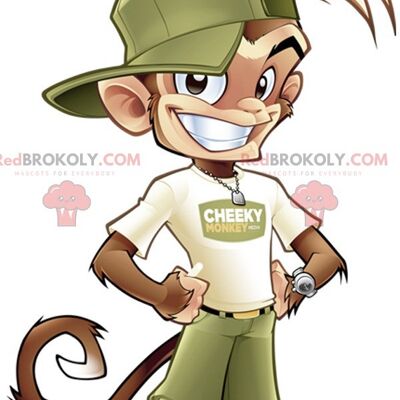 Brown monkey REDBROKOLY mascot in green and white outfit