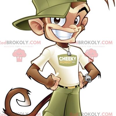Brown monkey REDBROKOLY mascot in green and white outfit