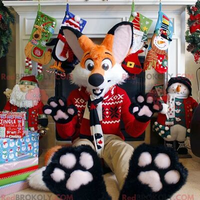 Orange and white fox REDBROKOLY mascot in Christmas outfit