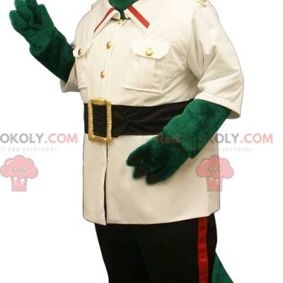 Green crocodile REDBROKOLY mascot dressed as an explorer
