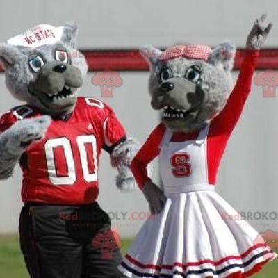 2 gray wolf REDBROKOLY mascots dressed in red and white