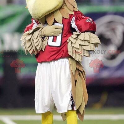 Brown and beige bird REDBROKOLY mascot in red outfit