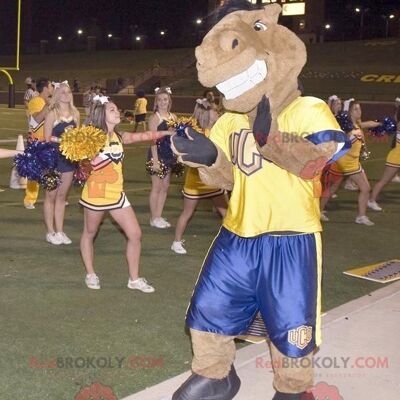 Brown horse REDBROKOLY mascot in yellow and blue outfit