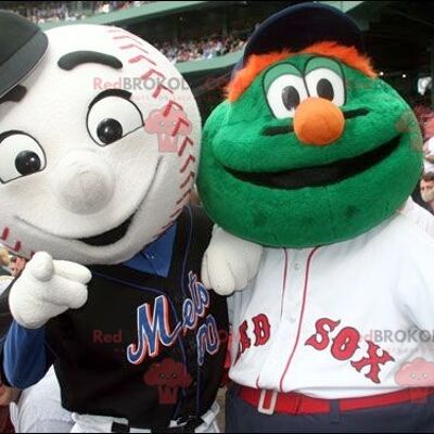 2 REDBROKOLY mascots: a green monster and a baseball