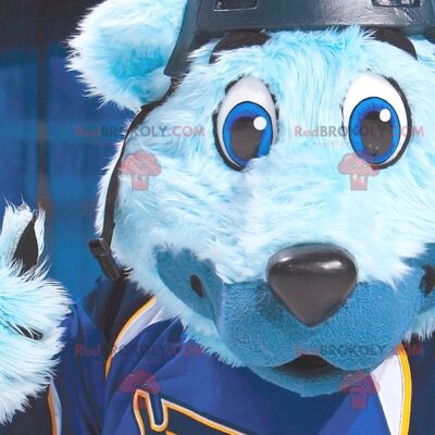 Blue bear REDBROKOLY mascot with blue eyes in sportswear