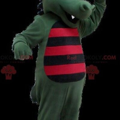 Green crocodile dinosaur REDBROKOLY mascot striped with black and red