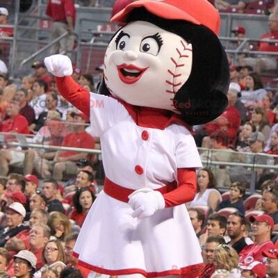 Girl REDBROKOLY mascot with a head in the shape of a baseball