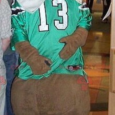 Brown bear REDBROKOLY mascot with a green and white sports jersey