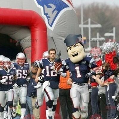 Blue and white American footballer REDBROKOLY mascot with flames