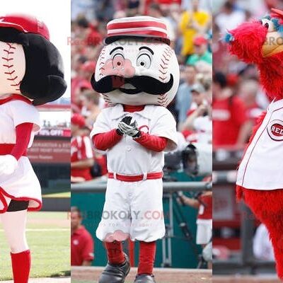 3 REDBROKOLY mascots: 2 baseballs and a red monster