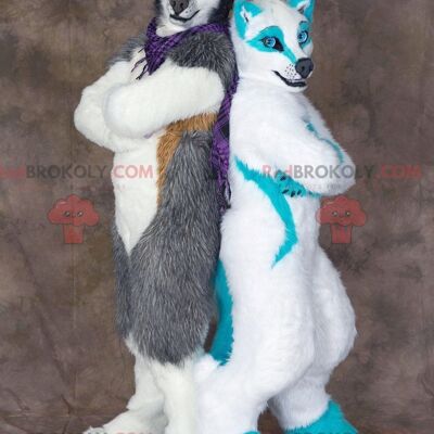 2 colorful wolf dog REDBROKOLY mascots