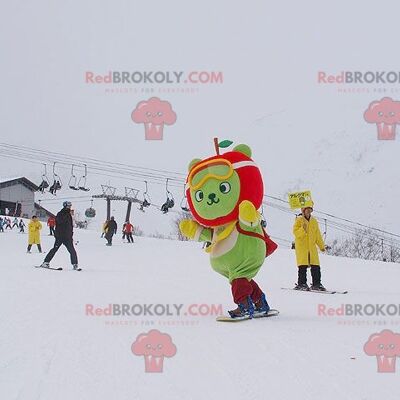 Green bear REDBROKOLY mascot with an apple-shaped head